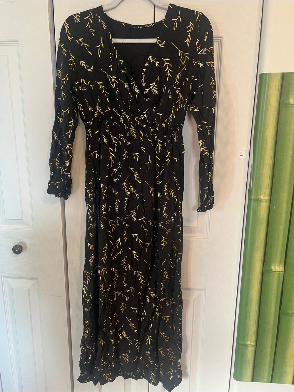 Black Maxi Dress with Gold Leaf Print - Elegant Long Sleeve